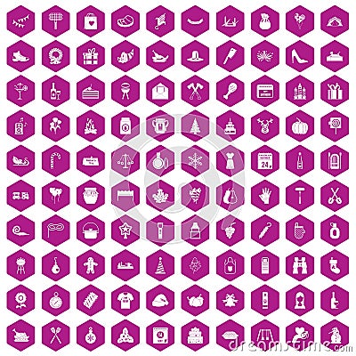 100 family tradition icons hexagon violet Vector Illustration