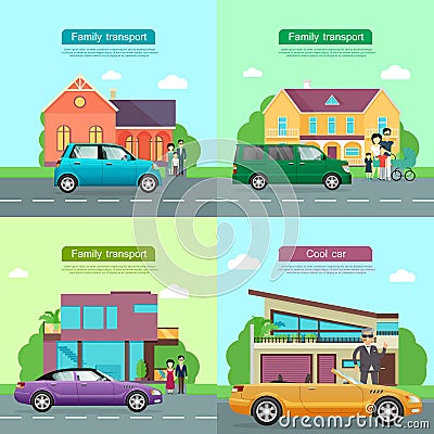 Family Transport. Collection of Automobile Icons Vector Illustration