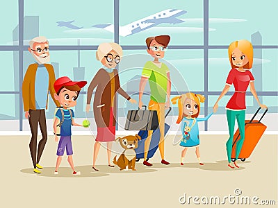 Family travel in airport vector illustration of kids, parents or grandparents and dog with traveling luggage for Vector Illustration