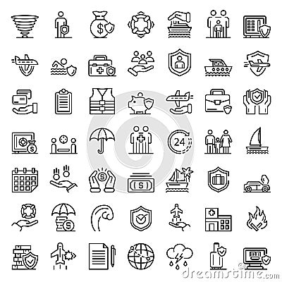 Family travel insurance icons set, outline style Vector Illustration