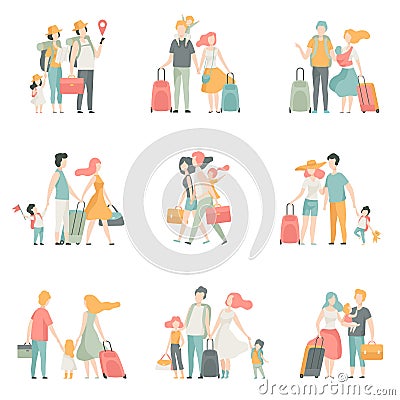 Family travel Set, Father, Mother and Kids Characters Travelling Together Vector Illustration Vector Illustration