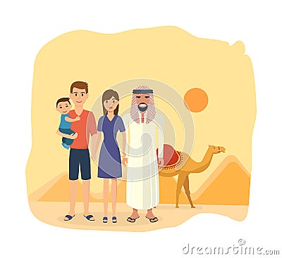 Family travel to Arab emirates: traditions, culture, sights, joint vacation. Vector Illustration