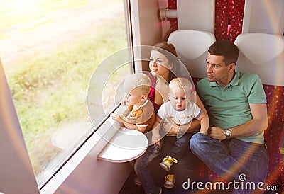 Family travel in train Stock Photo