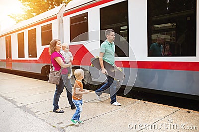 Family travel in train Stock Photo