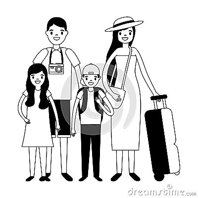 family travelers tourist baggage Cartoon Illustration