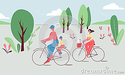 Family traveling on bike. Parents, children and dog in bascet. World Bicycle Day. Vector Illustration