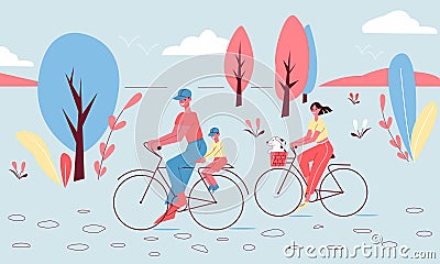 Family traveling on bike. Parents, children and dog in bascet. World Bicycle Day. Vector Illustration