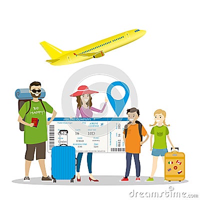 Family travellers with baggage and big boarding pass,funny vacation concept,yellow airplane takeoff Vector Illustration