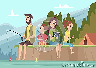 Family travellers. Couple outdoor explorers kids with parents hiking camping vector cartoon background Vector Illustration