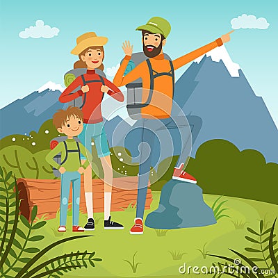 Family travellers. father mother and kids walking outdoor hiking. Vector cartoon background Vector Illustration