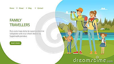 Family travellers landing. family adventure outdoor hiking. Vector template with place for text Vector Illustration
