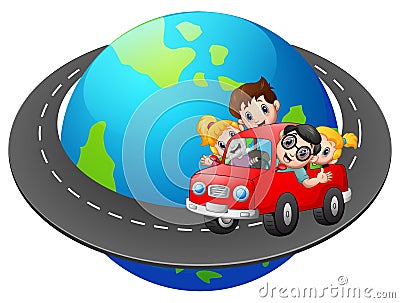 Family travels with the car around the world Vector Illustration