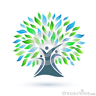 Family Tree Logo with green and blue leaves on white background Cartoon Illustration