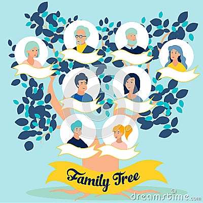 Family tree, photos of relatives, generations. In minimalist style Cartoon flat raster Stock Photo