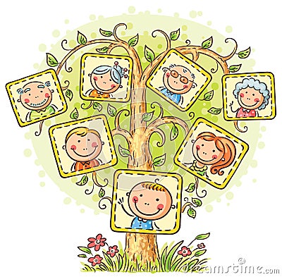 Family tree in pictures, little child with his parents and grandparents Vector Illustration