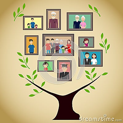 Family tree with portraits of family members. A real family tree with photos. Cartoon Illustration