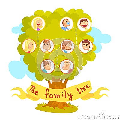 Family tree with portraits of relatives, genealogical tree vector Illustration Vector Illustration