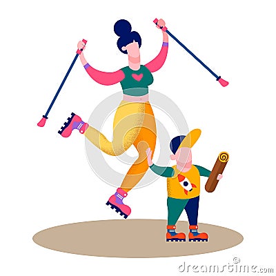 Family Trip Mother Son Hiking Cartoon Flat Card Vector Illustration