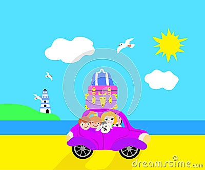 Family trip with seascape ,seagulls and lighthouse on the background flat illustration Stock Photo