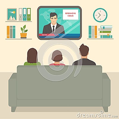 Family tv watching at home, people sitting on sofa watching television in room Vector Illustration