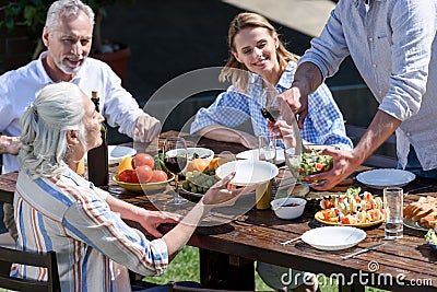 Family of two generations having outdoors picnic together Stock Photo