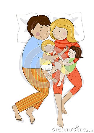 Family with two small children sleeping together Vector Illustration