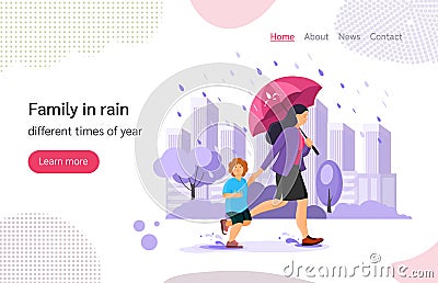 Family with umbrella running in autumn rainy weather rushing home Vector Illustration