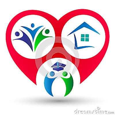 Family union,education,home and happy in a heart shape concept logo Stock Photo