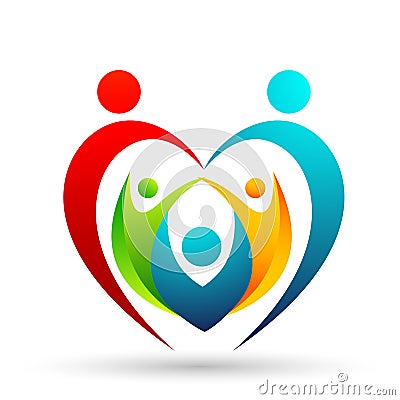 Family union, love and care happy in a red heart with hand and heart shape logo. Stock Photo