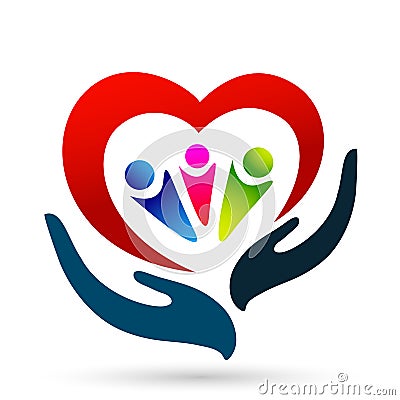 Family union love red heart children kids taking care hands love parent family growth parenting care symbol icon design vector Stock Photo