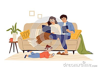 Family using gadgets. Home internet, child parents with tablet laptop smartphone. People addicted digital social media Vector Illustration