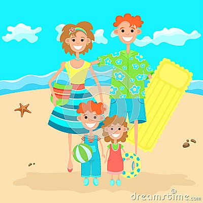 Family on vacation relaxing on the beach, flat colorful drawing. Cartoon character father, mother and children with swimming Vector Illustration