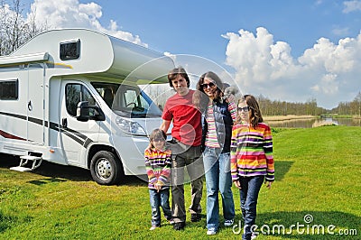 Family vacation, RV travel with kids, happy parents with children on holiday trip in motorhome Stock Photo