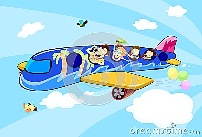 Family vacation trip on an airplane Vector Illustration