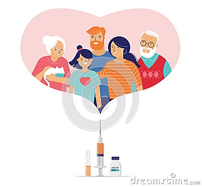 Family Vaccination concept design. Time to vaccinate banner. Doctor or nurse, scientist giving patient vaccine, COVID-19 Vector Illustration