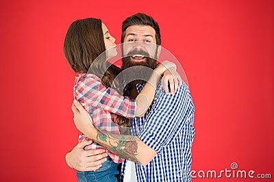 Family values concept. Family bonds. Friendly relations. Father hipster and his daughter. Sweet hug. Man bearded father Stock Photo