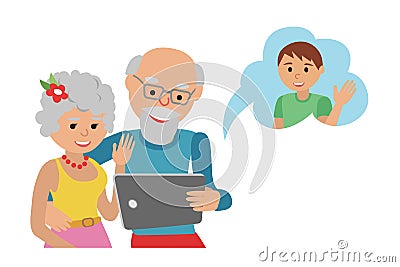 Family vector illustration flat style people faces online social media communications. Man woman parents grandparents with tablet Vector Illustration