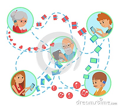 Family vector illustration flat style people online social media communications. Cartoon Illustration