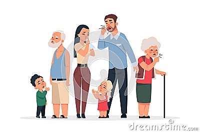 Family with virus. Coronavirus disease symptoms and prevention, cartoon young and old characters coughing and sneezing Vector Illustration