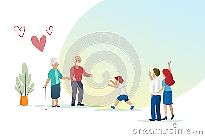 Family visit and meeting, happy big family with love concept. Grandparent welcome kid family and grandson Stock Photo