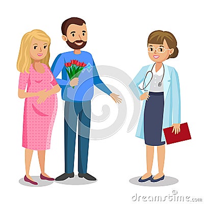 Family visiting doctor in clinic, expectant parents, pregnancy Vector Illustration