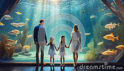 family visiting marine aquariums Stock Photo