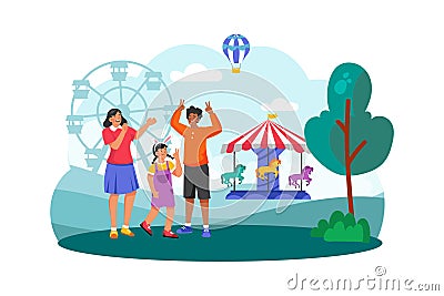 A family visits a nearby amusement park for a fun-filled morning of rides and attractions Vector Illustration