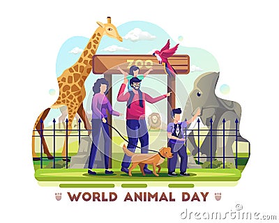 The Family visits the zoo to celebrate world animal day. animal shelter, a wildlife sanctuary. Flat Vector Illustration Vector Illustration