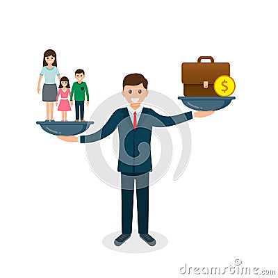 Family vs business on scales concept. Solution between work, money and family. Balance life business concept. Man balances Family Vector Illustration