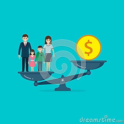 Family vs business on scales concept. Solution between work, money and family. Lifestyle business concept. Man balances Family or Vector Illustration