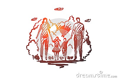 Family, walk, park, parents, leisure concept. Hand drawn isolated vector. Vector Illustration