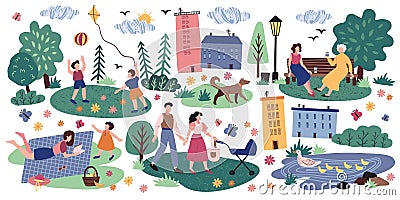 Family walk in park. Picnic on field. Kid with kite. Mom sitting on bench. Flowers or trees. Forest nature. Summer or Vector Illustration