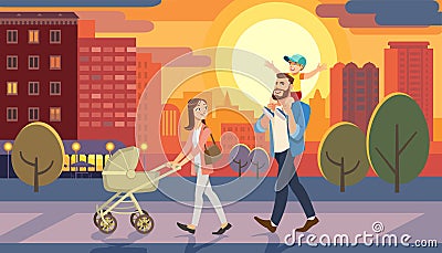 Family walking with baby car at city sunset. Fun lifestyle of cartoon characters at cityscape street Vector Illustration