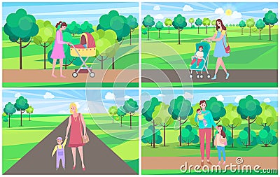 Family Walking with Baby and Kid in Park Vector Vector Illustration